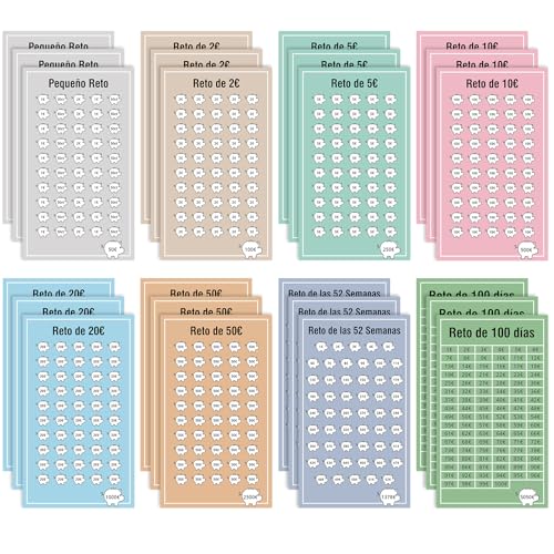 Agenda Ahorro Dinero Español A6 (8 Tipos, 24Pcs) - Retos Para Ahorrar Dinero - Accesorios del Budget Planner - Organizador de Dinero Pequeño Reto | 2€ | 5€ | 10€ | 20€ | 50€ | 52 Semanas | 100 días
