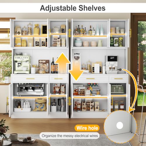 Image of 71 Sideboard Buffet Cabinet, Metal Kitchen Coffee Bar Cabinet White | Pantry Sideboard Storage, Coffee Bar Table Console with Cable Hole, Drawers, Adjustable Shelves for Kitchen, Living Room