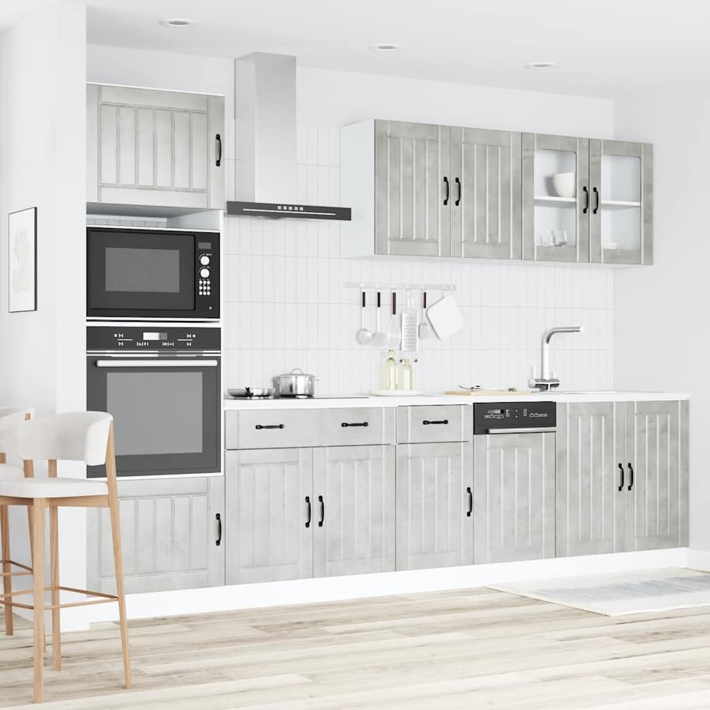 Mobili da cucina Lucca, set di 7 mobili da cucina moderni in legno grigio cemento, blocco da cucina con pensili e pensili per molto spazio in cucina