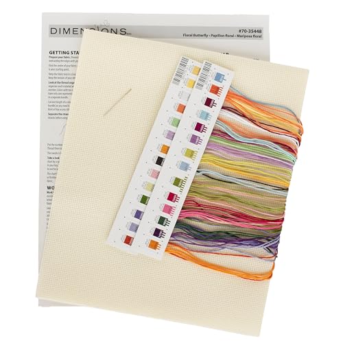 Image of Dimensions 70-35448 Floral Butterfly Counted Cross Stitch Kit, 10 inch x 13 inch, 14 Cnt. Ivory Aida, 4 Pieces