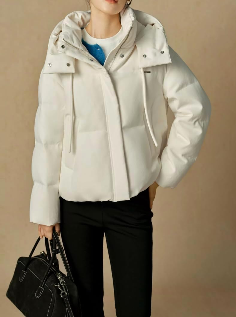Women's Modern Quilted Short Hooded Down Jacket - White, M L XL XXL Plus Sizes. Snowboarding, Skii, Ice Fishing