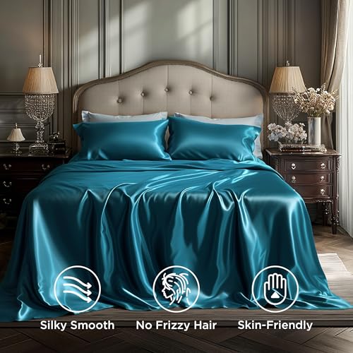 Image of Bedsure Teal Satin Sheets Full Size, Soft Silky Bedsheets for Hair & Skin | Similar to Silk Bed Sheets Set 4 Piece with 15 Inches Deep Pocket Fitted Sheet,1 Flat Sheet, 2 Satin Pillowcases