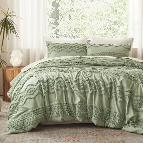 Image of Luxudecor Sage Green Tufted Comforter Set Queen Size 3 Pieces Boho Shabby Chic Comforter Farmhouse Embroidery Bedding Set Soft Comforter for All Seasons (Sage Green, 90''x90'')