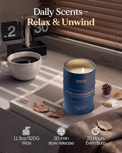 Image of M&SENSE Vanilla Sandalwood Scented Candles,Fall Candles Natural Non Toxic, Soy Candle for Stress Relief Meditation Relaxing, Housewarming Gifts for Women Men, 11.3oz 70 Hour Long Burning
