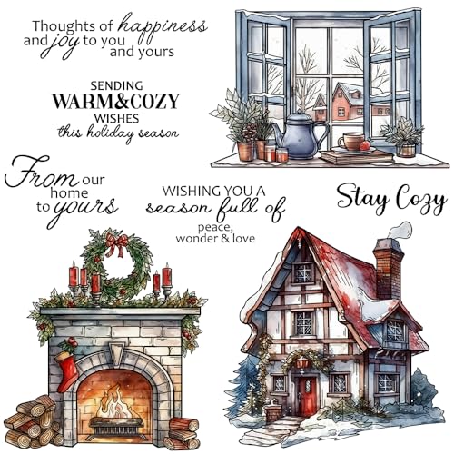 FUGUT Merry Christmas Clear Stamps and Metal Cutting Dies Set for Card Making DIY Xmas Scrapbooking Supplies Silicone Stamp Knife Mold for Albums Crafts (Winter Houses 6.8 x 5.5 in)