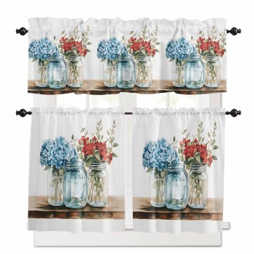 Spring Flowers Kitchen Curtains 24 Inch Length,3 Piece Rod Pocket Small Half Tiers and Valance Set,Red Blue Bottle Floral Watecolor Eucalyptus Small Large Window Treatment Decor for Bedroom/Bathroom
