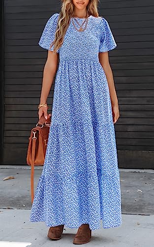 Image of PRETTYGARDEN Women's 2026 Summer Casual Flutter Short Sleeve Boho Floral Maxi Dress Crew Neck Smocked Tiered Long Dresses