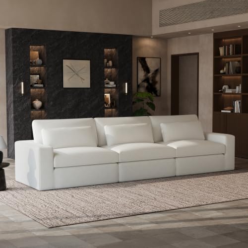 Image of Novilla 140 inch Deep Seat Modular Sectional Sofa, Removable Washable Covers, 3 Seater Cloud Couch with Lumbar Pillows, Chenille Boneless Sectional Couch Beige, No Assembly Required