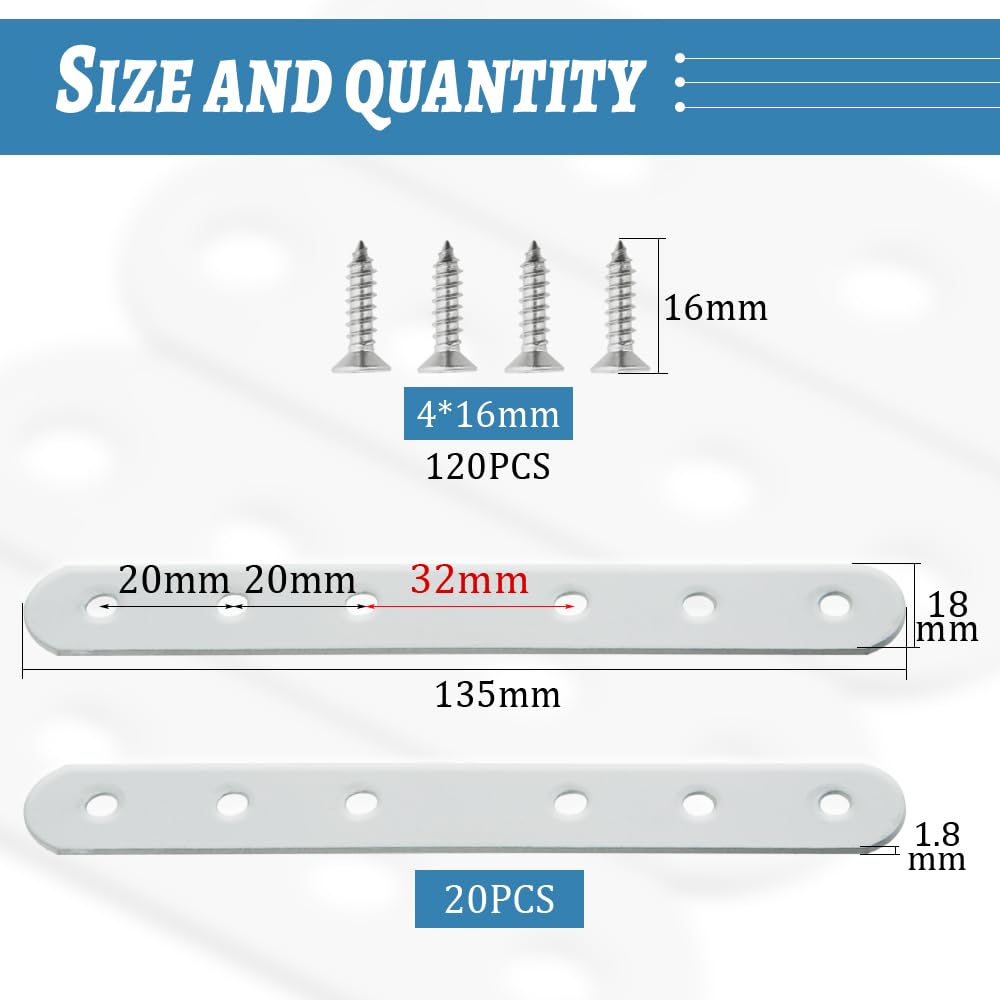 TOVOT 10PCS Flat Brackets with Screws Mending Plates 6 Holes Flat Braces for Wood Furniture (135×18MM), White - Image 2