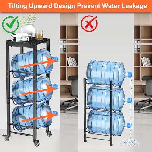 Image of 5 Gallon Water Bottle Jug Holder 3-Tier Organizer with Lockable Casters Heavy Duty Storage Rack Dispenser Stand With Wood Top Shelf for Kitchen Office Garage Black