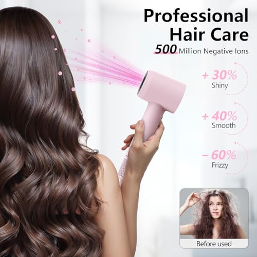Image of Hair Dryer, 160000 RPM Professional High-Speed Blow Dryer 500 Millions Negative Ionic Care Hair Dryer for Fast Drying, Low Noise Thermo-Control Hairdryer, Travel with Magnetic Diffuser & Nozzle, Pink