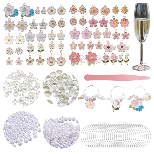 PaoShuTai 50 Sets Wine Glass Charms Wine Charms for Stem Glasses DIY Reusable Drink Markers for Weddings & Bachelorette with Alphabet Beads