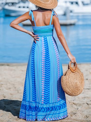 Image of CUPSHE Women Paisley Smocked Tie Strap Slit Ruffled Maxi Dress | Square Neckline, High Elastic Bodice, Side High Split, Flowy A Line Long Sundress, Summer Casual Beach Resort Travel Outfit