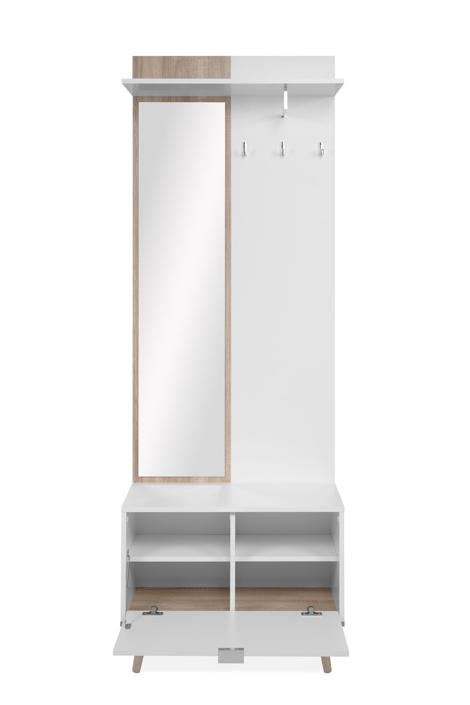 möbelando Kompaktgarderobe Göteborg – Garderobenschrank mit Spiegel, 195 cm hoch, Weiß/Sonoma Eiche – Platzsparend für Flur, Keller & Hauswirtschaftsraum