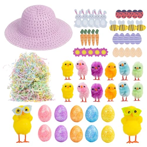 evelay Easter Bonnet Hat Craft Kit - Decorate Your Own Bonnet with Chicks Stickers & Eggs - Spring Parade Party Accessory & Creative Activity (Lilac)