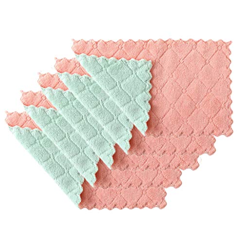 BESSKY Nonstick Oil Coral Velvet Hanging Hand Towels Kitchen Dishclout Washing Tools Dish Cloths for Bathroom Home Travel (27*16cm, Pink (5PCs))