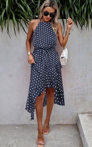 Image of ECOWISH Polka Dot Women Summer Dresses Casual Midi A Line Ruffle High Low Sleeveless Boho Floral Halterneck Cocktail Sundress