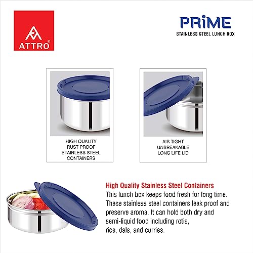 Image of ATTRO Prime Stainless Steel Single Wall Storage Containers Airtight & Leak Proof Containers for Office Use, School, Picnic, 250ml - Blue-Set Of 6