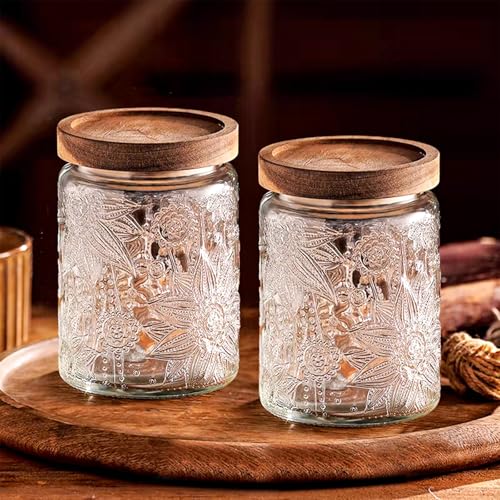 Image of Vintage Glass Jars with Wooden Lids, 24 oz Airtight Glass Food Storage Containers Sets for the Kitchen, Sugar Coffee Tea Cookie Candy Spice Pasta(Sunflower)