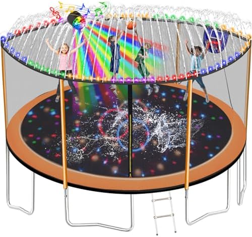 1500 LBS Trampoline for Kids and Adults, 8 FT 12 FT 14 FT 16 FT Trampoline with Lights, Disco Ball with Speaker, Enclosure Net, Sprinkler, Water Balls, Socks – Heavy Duty Outdoor Trampolines