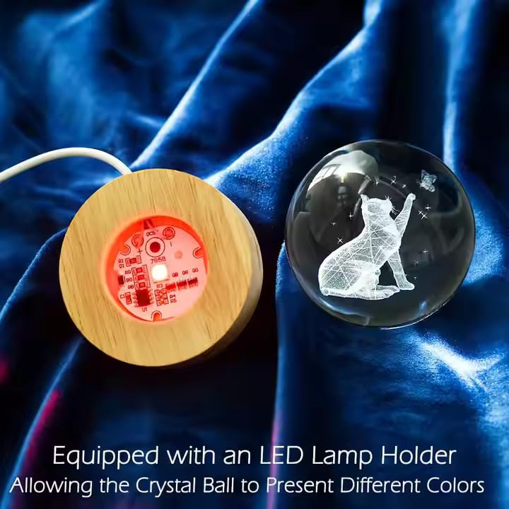 Image of 16 Color 3D Crystal Ball Lamp - Cat Night Light, Cat Ligth Ball, Laser Engraving Crystal Ball Light Lamp with USB Powered 3.15 Inch LED Wooden Base