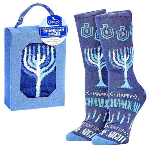 Image of Rite Lite Hanukkah Socks Gift Box | Adult Crew Sock Size 8-12 Festive Chanukah Blue Dreidel & Star of David Crew Socks Jewish Holiday Party Favors Accessories Decorations Gifts (Menorahs)
