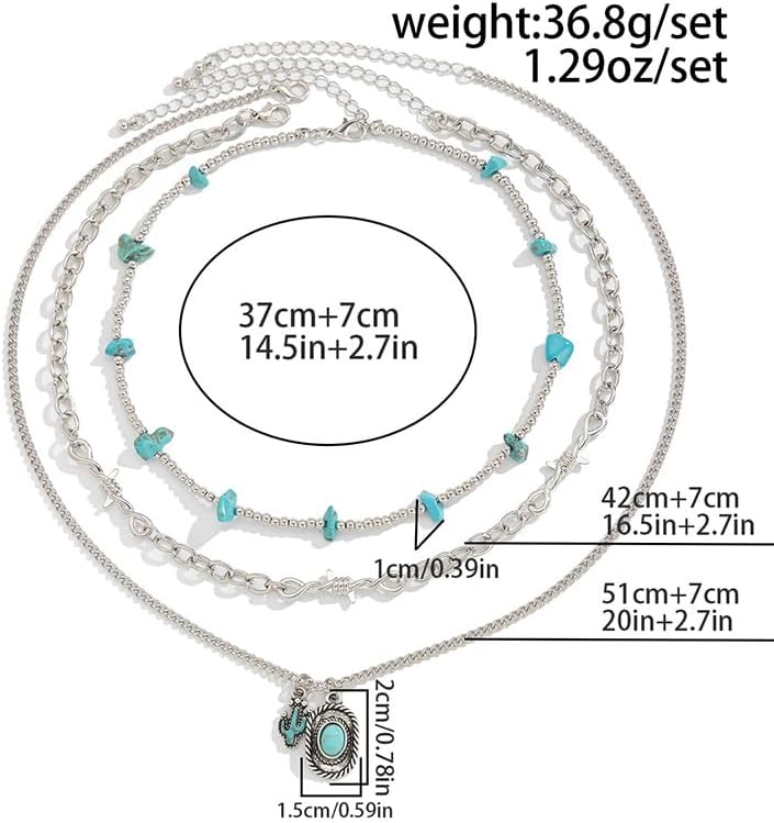 Western Silver Turquoise Necklaces Stack Vintage Country Cowgirl Cowboy Hat Beaded Layered Choker Necklace Boho Hippie Jewelry Accessories for Women - Image 3