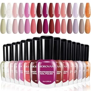 Morovan 15-Color Pink Air Dry Nude Nail Set – 0.25oz Non Gel Fingernail Polish Kit Gift Set for Women