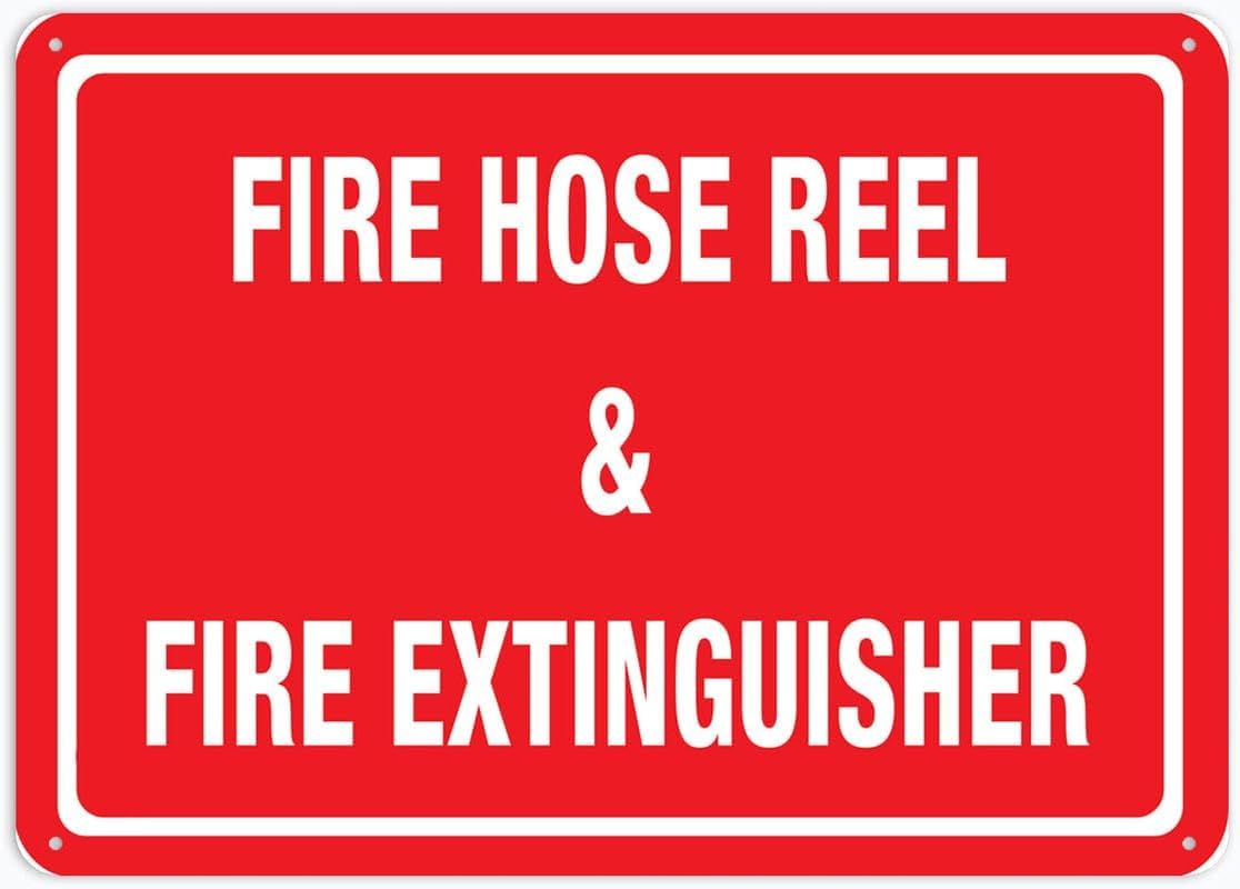 Fire Hose Reel & Fire Extinguisher Rust Free Aluminum Tin Sign - Warning Decor with Pre-Drilled Holes for Indoor-Outdoor Office Fire Zone, Factory Corridor - 8x12 Inch​