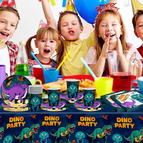Dinosaurier Tableware Party Set, Comic Dinosaurier Thema Geschirr, Kindergeburtstag Geschirr Kit, Including Plates, Cups, Napkins, Tablecloth, Party Supplies (41PCS, 10 Guests)