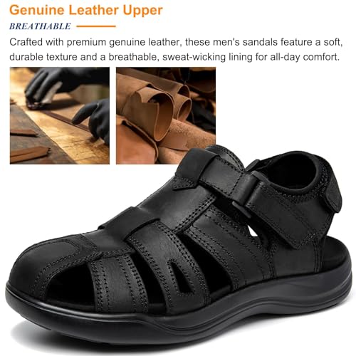 Image of Men's Sport Sandals Closed Toe Leather Hiking Athletic Walking Outdoor Beach Trail River Fishing Water Shoes Lightweight Comfortable Waterproof