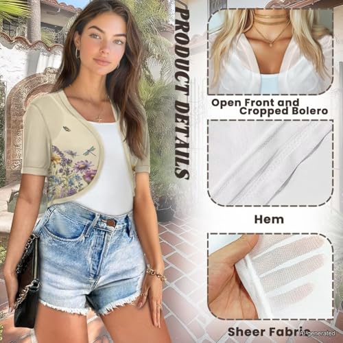 Image of Womens Short Sleeve Cardigans Lightweight Summer Cardigan Trendy Bolero Shrug Cute Floral Cardigan Sheer Bolero
