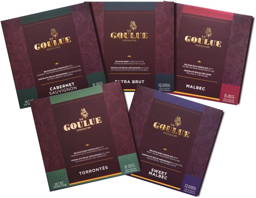 Milk Chocolate with Malbec | Dark with Torrontes | Dark with Champagne Extra Brut | Dark with Cabernet Sauvignon | Dark with Sweet Malbec | Filled | 5 Boxes (336g) | Gift | Pairing