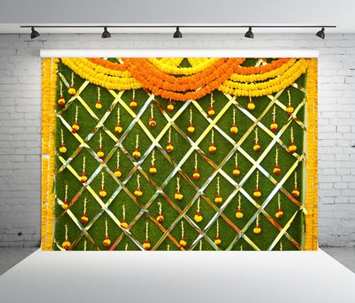 Image of BELECO Fabric 9x6ft Indian Theme Backdrop Haldi Ceremony Marigold Flower Garland Decoration Background Pooja Banner Traditional Festival Wedding Party Decorations Photoshoot Props Wallpaper
