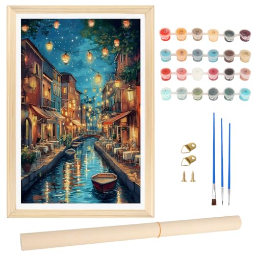 Image of HASTHIP DIY Venetian Paint by Numbers Kit, Pre-Outlined Canal Night Romantic Starry Sky Scene with Numbered Sections, DIY Oil Painting Craft Kit Art Craft, 40x50cm, Includes Pigments and Tools