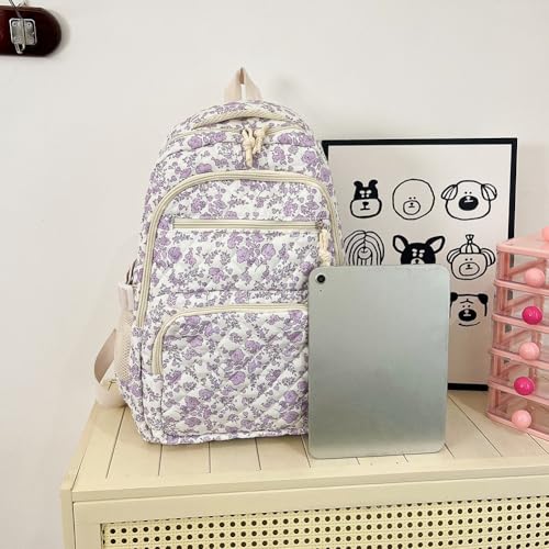 Coquette Backpack Aesthetic Floral Bookbag Large Quilted Daypack Cute 3PCS Bag Set with Crossbody Bag4
