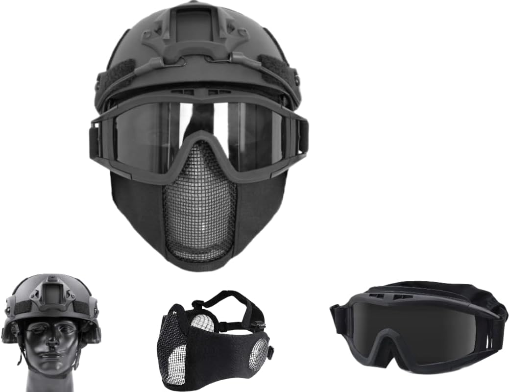 Airsoft Helmet and Tactical Mask, Goggles,for PaintballHunting CS and GameTactical Equipment (Black)