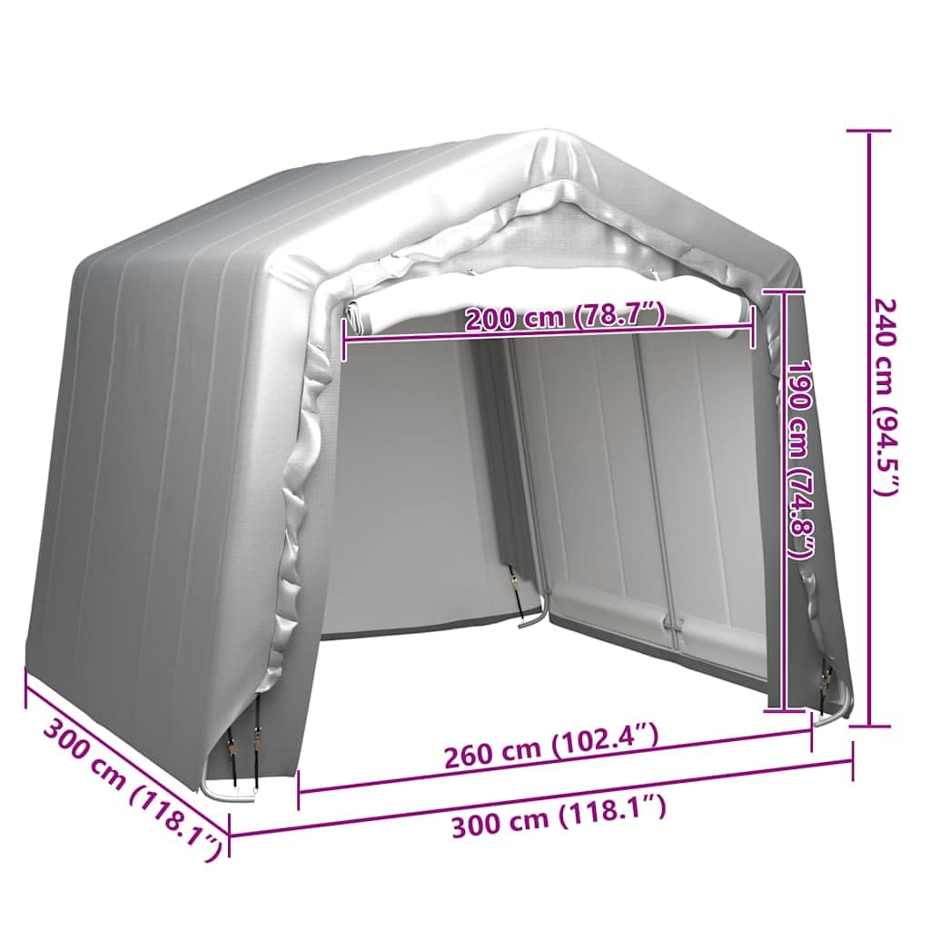 Namiot magazynowy 300 x 300 cm z polietylenu i ocynkowanej stali, szary, z otwartymi drzwiami, odporny na działanie promieni UV, do domku narzędziowego, kosiarki, roweru, schroniska, odporna
