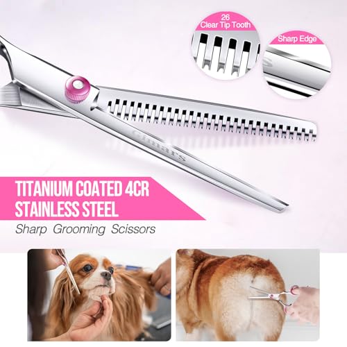 Gimars Hundepflegescheren-Set, professionell, 4CR, mit runder Sicherheitsspitze, 5-in-1-Hochleistungsschere mit Titanbeschichtung und gebogener und gerader Schere
