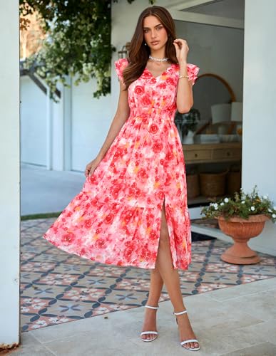 Image of GRACE KARIN 2026 Womens Summer Dresses V Neck Ruffle Sleeve Floral Boho Beach Dress A-Line Swing Midi Wedding Guest Sundress