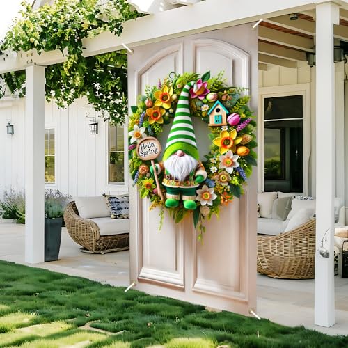 Image of Hello Spring Gnome Door Cover 35x71in Green Daffodil
