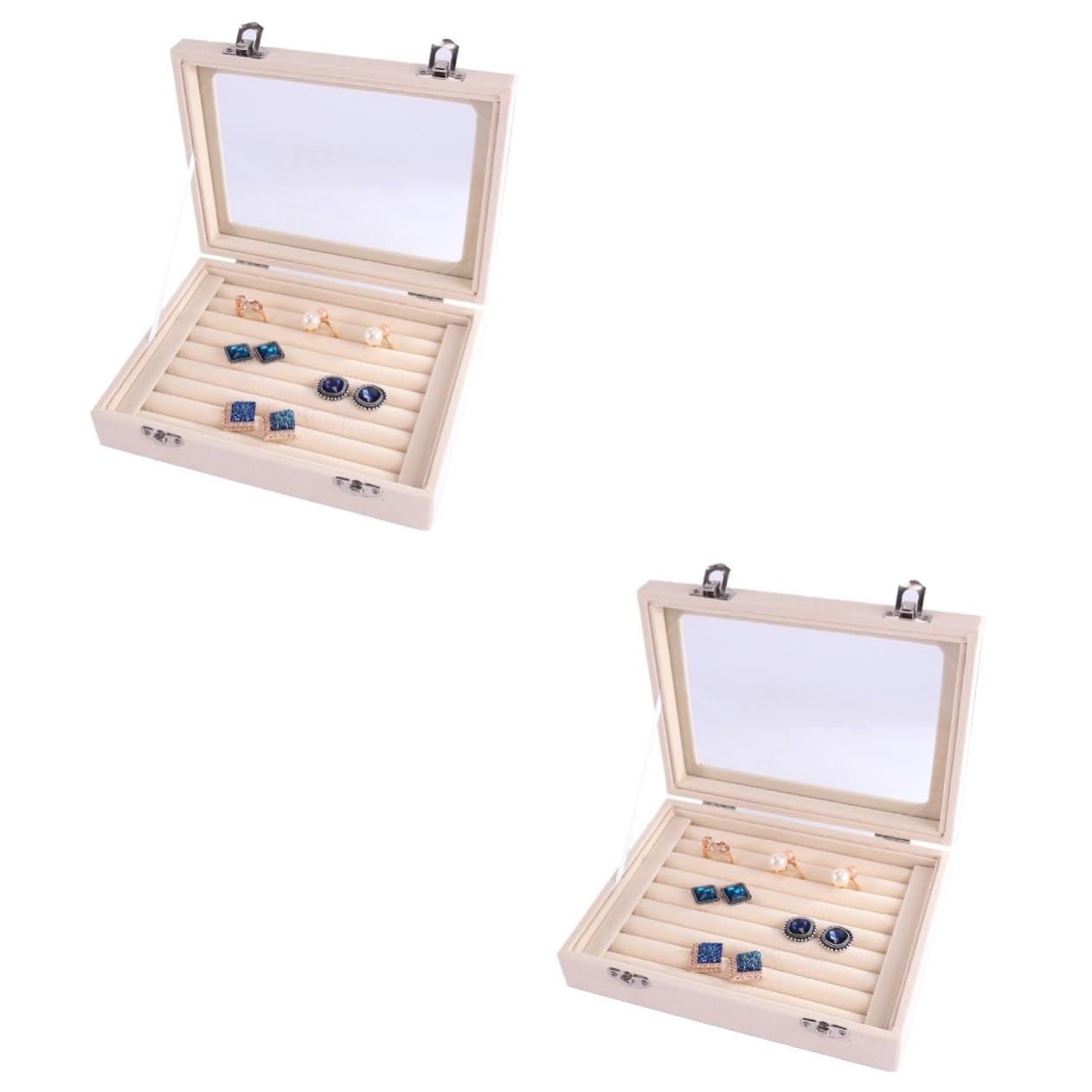 SHERCHPRY 2piezas Organizador De Joyería Tapa Transparente y Cerraduras De Seguridad Caja De Almacenamiento Para Anillos y Pendientes Para Niñas y Mujeres Compacto Beige