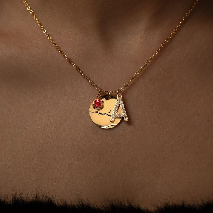 MignonandMignon Personalized Initial Birthstone Necklace for Women Gold Name a Necklace Coin Pendant Custom Jewelry for Mom Gifts for Her – CN-ZI-BS-N2