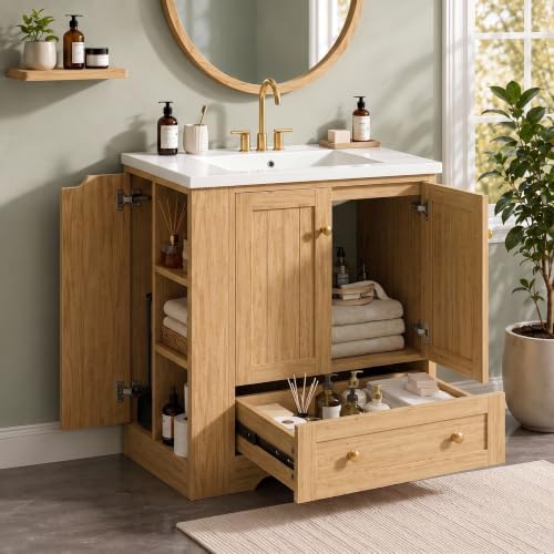 IRONCK Bathroom Vanity with Ceramic Sink, 30" Bathroom Cabinet, Natural - 2
