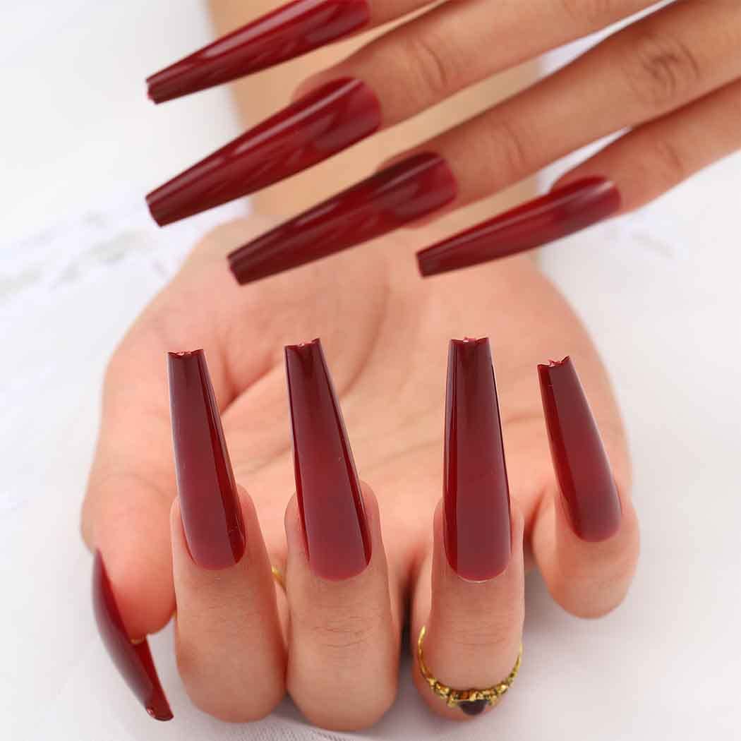 Outyua XXL Extra Long Press on Nails Coffin Glossy Fake Nails with designs False Nails Acrylic Full Cover Nails 24Pcs for Women and Girls (Wine Red)