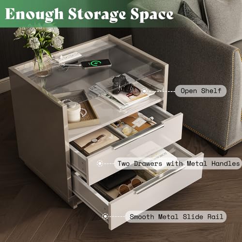 Image of AMERLIFE 23.6 inch Nightstand, High Gloss End Table with Glass Tabletop, Modern Bedside Table with Charging Station, 2 Drawers Nightstand for Bedroom, Cream & Gray
