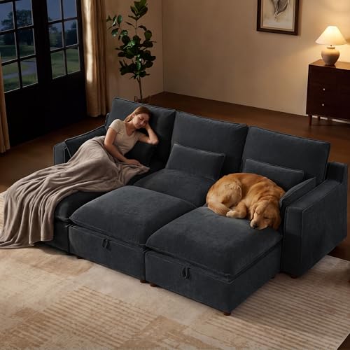 Image of WorthFurni Modern Modular Sectional Sofa,103 inch Sleeper Sofa Bed Minimalist Couch with Storage Ottoman,Comfty 6 Seat Sofa for Living Room,Black Chenille
