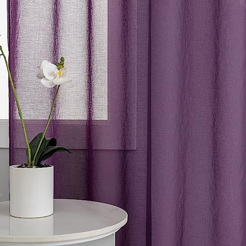 Image of Purple Sheer Curtains 95 inch Length 2 panels, Rod Pocket Semi Sheer Privacy Curtains, Window Treatments Soft Voile Drapes for Windows Living Room Bedroom French Doors Doorway Divider, 52 inchWx 95 inchL