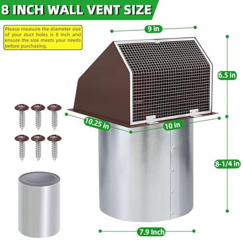 Image of 8 Inch Hooded Wall Vent with Screen and Damper,Outdoor Wall Exhaust Vent Cover Wall Cap for Exterior Kitchen Range Hood Ventilation Dryer HVAC Duct Air Exhaust, Galvanized Steel, Brown