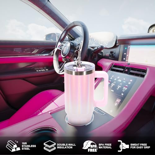 Image of 30 oz Shiny Tumbler with Handle and Straw,Stainless Steel Tumbler with Lid and Straw,Insulated Travel Mug(Cold for 34 Hours),Water Bottle for Iced Tea,Coffee (Pink)